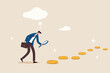 © Sector30 - Searching for investment opportunity, financial success or salary raise, inspect way to make profit and earning concept, curios businessman with magnifier inspect and follow money coins trail.
