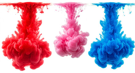 Poster - Abstract image of colorful ink swirling in water against a white background. Red, pink, and blue paint drops.