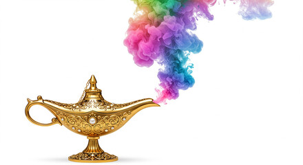 Poster - Golden magic lamp with colorful smoke coming out, isolated on white background. Concept of fantasy, wish, and dream.