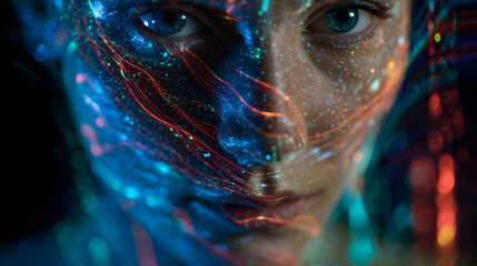 Poster - Digital Aura: A portrait captures a face overlaid with vibrant digital light trails, symbolizing the fusion of humanity and technology. This artwork illustrates a person's technological awareness.