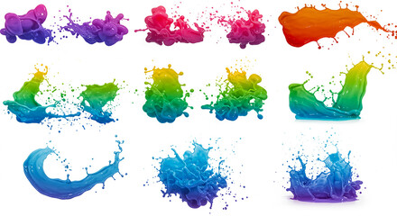 Poster - Colorful paint splashes isolated on white background. Abstract liquid art, creative design element. Rainbow colors, paint drops.