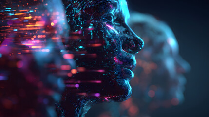 Poster - Digital Consciousness: Three crystalline, futuristic heads, glowing with vibrant neon hues, gaze towards the future in a mesmerizing digital portrait.