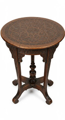 Poster - Antique wooden side table with carved floral pattern on top. Decorative furniture, isolated on white background.