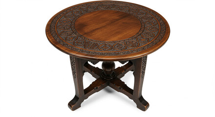 Poster - Wooden round table with carved floral design and dark brown finish, isolated on white.