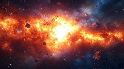 Fototapete - A powerful cosmic explosion illuminates the void, debris swirling amidst fiery orange. Ideal for illustrating space concepts, energy, or astronomical wonders. Astronomy and Galaxy backgrounds.