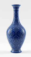 Poster - Elegant blue vase with floral pattern. Decorative ceramic vase with intricate relief design, isolated on white background.