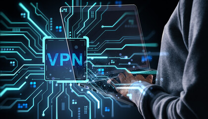 Fototapete - Person using laptop with VPN interface and glowing circuit lines on dark abstract background in cybersecurity and internet privacy concept.