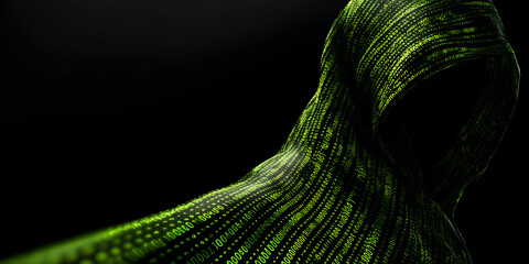 Poster - Digital Enigma: A hooded figure shrouded in flowing, green digital code, a mysterious and enigmatic presence against a stark black background.