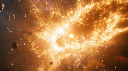 Fototapete - Witness the raw power of space in this cosmic explosion! Fiery gases and rocky debris collide in a stunning display. Ideal for science and space exploration themes. Astronomy and Galaxy backgrounds.
