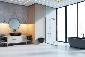 Aufkleber - Modern luxury bathroom interior with panoramic city view, glass shower, black bathtub, and minimal wooden vanity in contemporary design style. 3D Rendering