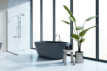 Aufkleber - Modern luxury bathroom interior with freestanding dark bathtub, large windows, potted plant, and walk-in shower in a high-rise building. 3D Rendering