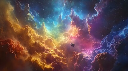 Fototapete - A lone spaceship journeys through a vibrant nebula, its golden, pink, blue, and purple clouds creating an awe-inspiring cosmic landscape. Vastness and adventure await. Astronomy and Galaxy.