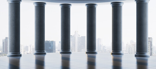 Poster - Classical stone columns with city skyline in background in modern architectural setting with soft ambient light and polished floor reflection. 3D Rendering