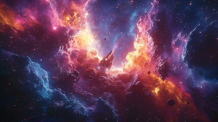 Fototapete - A spaceship soars through a vibrant nebula, illuminated with cosmic dust and radiant colors. The stunning scene features pink, purple, blue, and orange hues. Astronomy and Galaxy backgrounds