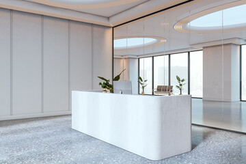 Poster - Modern white office reception interior with curved desk, large windows, plants, and stylish ceiling light elements in a creative workspace. 3D Rendering