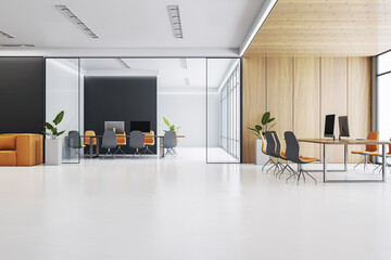 Poster - Modern corporate office interior with stylish furniture, glass walls, wooden accents, and clean minimalistic design in bright lighting. 3D Rendering