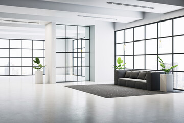 Aufkleber - Modern empty office waiting area with black sofa and panoramic windows in contemporary corporate interior concept space with clean design.. 3D Rendering