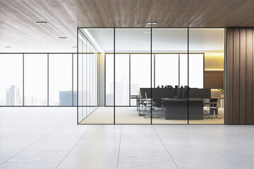 Poster - Modern corporate office interior with glass walls and city view in background, featuring clean design, empty workspace and luxury atmosphere. 3D Rendering
