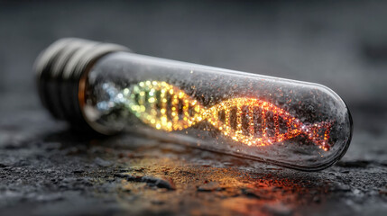 Poster - Stylized glowing DNA helix suspended inside a sealed glass vial, illuminated with warm bokeh light reflections on a dark background