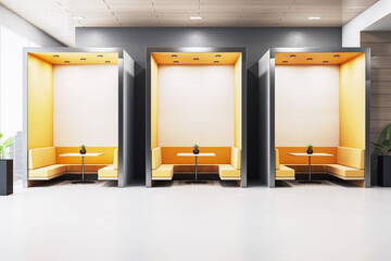 Aufkleber - Modern orange seating booths inside contemporary office interior with minimal lighting and clean architectural lines against neutral walls and floor. 3D Rendering