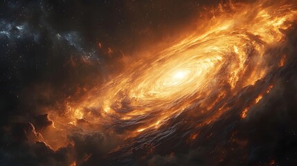 Aufkleber - Fiery cosmic vortex of orange, gold, and brown hues with a brilliant white-hot center and ominous dark clouds. Evokes vastness and power. Astronomy and Galaxy backgrounds.
