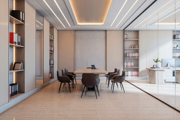 Poster - Modern corporate office meeting room with glass partition, contemporary furniture, clean light interior, and organized work desk setup. 3D Rendering