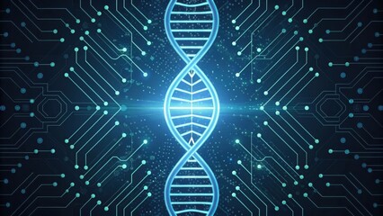 Fototapete - DNA Helix Surrounded by Circuit Lines on a Futuristic Background