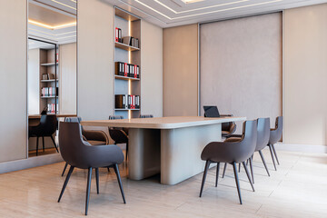 Poster - Modern corporate meeting room with sleek furniture and neutral tones in a clean contemporary office environment interior. 3D Rendering
