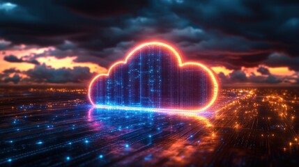 Poster - Digital Cloud Computing: Neon Cloud Symbol over Cityscape at Dusk