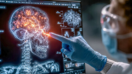 Poster - Doctor pointing at a glowing neural map of a human brain on a medical monitor