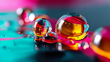Poster - Macro shot of abstract colorful liquid droplets on a smooth surface, highlighting modern design, creativity, and vibrant visual effects