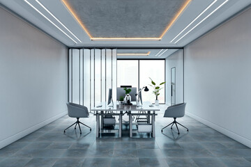 Aufkleber - Modern minimalist office interior with sleek furniture, soft lighting, and corporate ambiance in a clean workspace setting. 3D Rendering