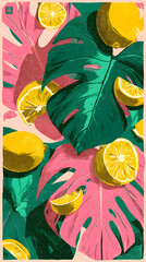 Poster - vibrant summer composition: a vivid tropical illustration featuring sliced lemons and lush monstera 