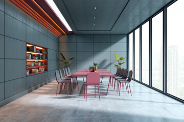 Poster - Modern meeting room interior with pink table and chairs, large windows, and city view in bright daylight. Stylish contemporary office background. 3D Rendering