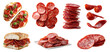 © Sandra Chia - set of pepperoni spicy Salami salume cured sausage fermented dried meat, pork beef chicken, Bruschetta, toast sandwich bun, flying sliced pile stack on transparent cutout PNG. Mockup template