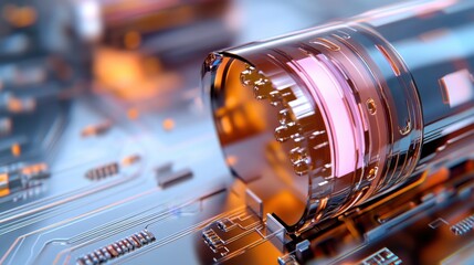 Poster - Detailed view of a circuit board showcasing a translucent electronic component with glowing elements. This high-tech setting highlights advanced technology and innovation