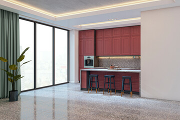 Poster - Modern beige interior with red kitchen cabinets and city view window in bright empty room with terrazzo floor and ceiling backlit lighting. 3D Rendering