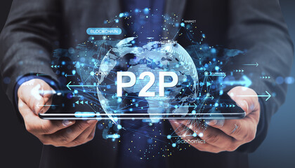 Fototapete - Businessman holding tablet with digital hologram of P2P technology and blockchain network on dark background representing financial transaction concept.