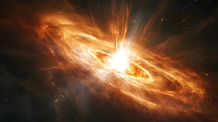 Poster - A vibrant galaxy swirls with intense luminosity, showcasing orange and brown gas clouds. The structure is mesmerizing, set against a backdrop of distant stars. Astronomy and Galaxy backgrounds.