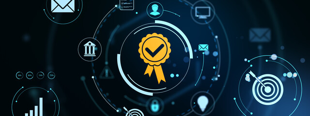 Fototapete - Digital certification badge icon in futuristic interface with technology symbols on dark background representing security, trust, and system validation. 3D Rendering