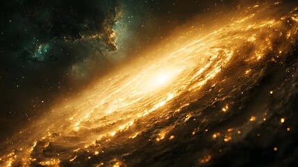 Poster - A stunning spiral galaxy showcases its radiant core and swirling arms of stardust. The galaxy glows with gold, accented by a green nebula. Captivating space scene. Astronomy and Galaxy backgrounds