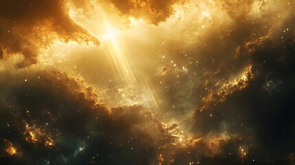 Poster - A vibrant cosmic nebula glows with radiant light, dust, and gas. Golden clouds illuminated by a central star create a captivating, celestial scene. Astronomy and Galaxy backgrounds.