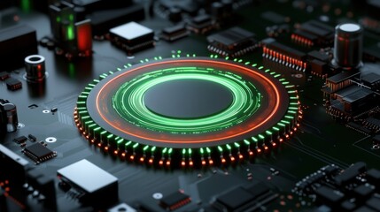 Poster - A detailed view reveals a circuit board featuring a central glowing circular component surrounded by various electronic parts and intricate pathways