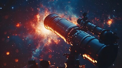 Leinwandbilder - Capture the cosmos! A telescope gazes upon a stunning nebula, bursting with vibrant colors and distant stars. Ideal for space, science, and exploration themes. Astronomy and Galaxy backgrounds.