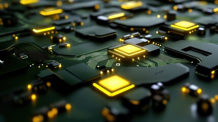 Poster - A detailed view of a circuit board features illuminated components highlighted by yellow lights