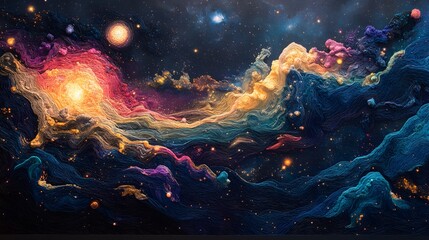 Poster - A vibrant abstract space landscape, swirling with nebulae and cosmic dust. Oranges, pinks, and blues create a stunning celestial display. Astronomy and Galaxy backgrounds.