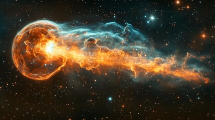 Poster - A vibrant nebula bursts with color, featuring radiant orange hues emanating from a spherical core, contrasting with cool teal tones in the flowing tendril. Astronomy and Galaxy backgrounds.