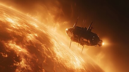 Aufkleber - A massive, cylindrical spaceship with intricate details orbits a golden, textured planet. The ship's bright light illuminates the scene against the dark void.Astronomy and Galaxy backgrounds
