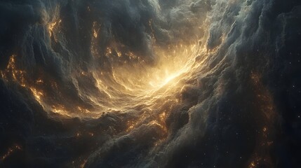 Poster - A stunning nebula glows with golden light, swirling gas and dust create a cosmic masterpiece. Stars punctuate the scene, adding depth and wonder. Astronomy and Galaxy backgrounds.