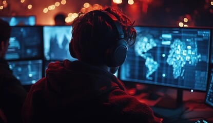 Focused coder in a dark, tech-filled room